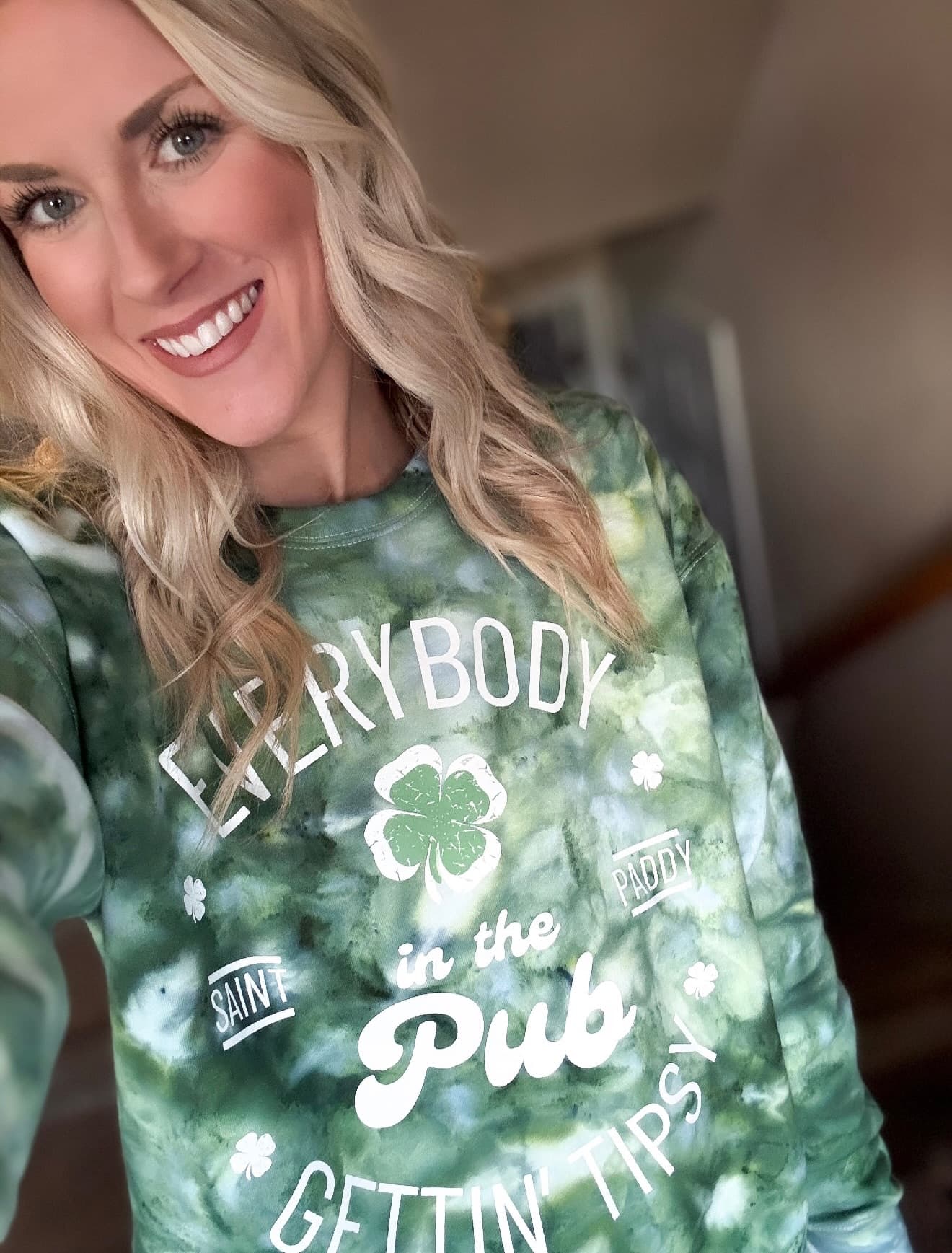 Maria in green ice dye crewneck selfie